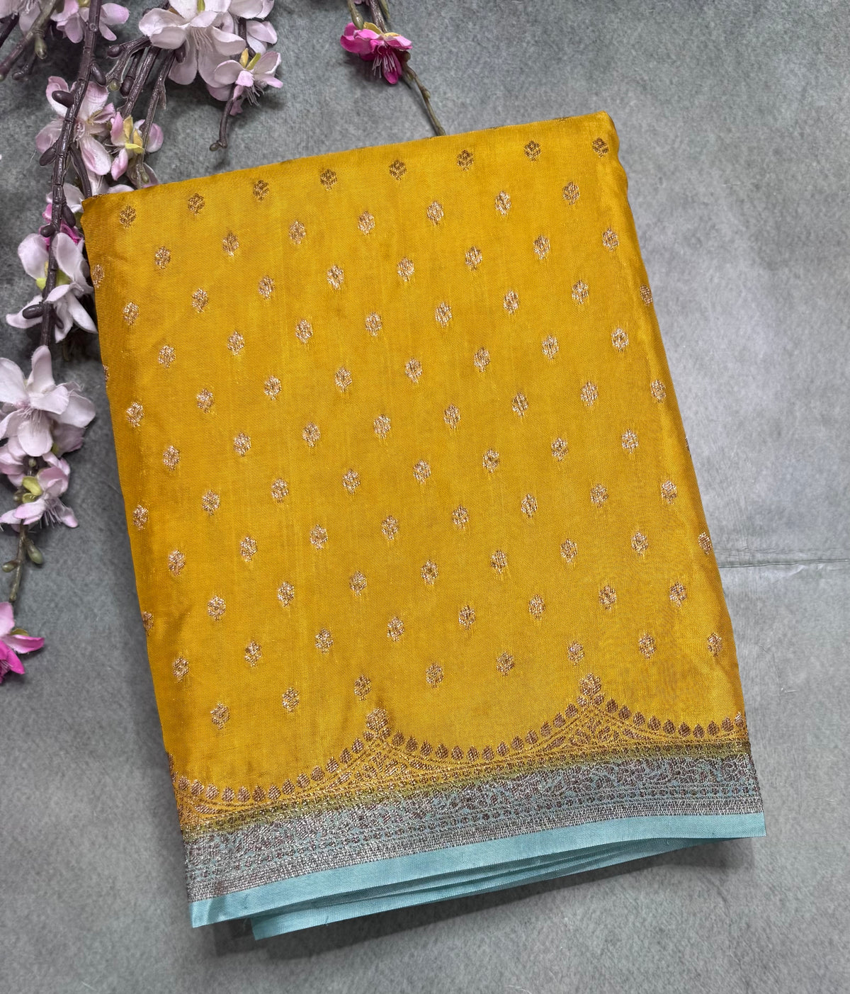 Mustard yellow small butta semi benarasi crepe saree 112