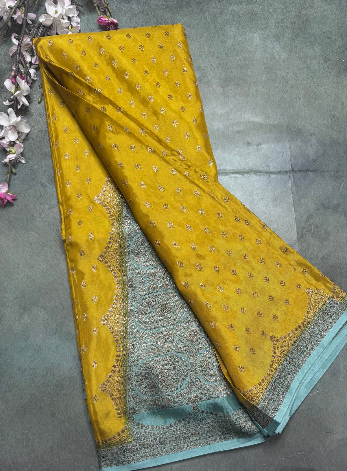 Mustard yellow small butta semi benarasi crepe saree 112