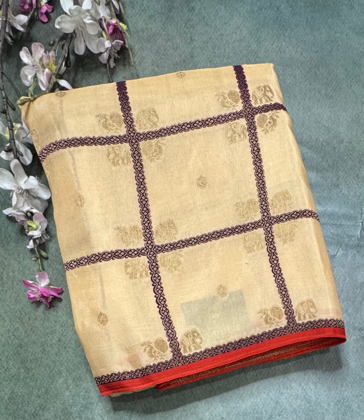 Cream big checks semi mysore crepe silk saree 111