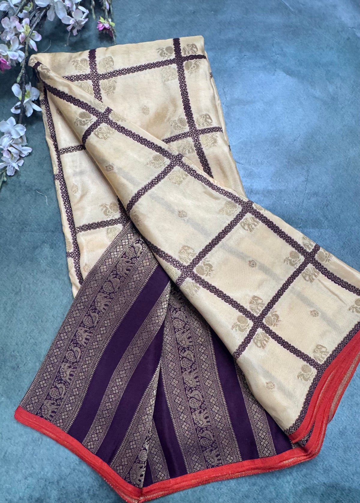 Cream big checks semi mysore crepe silk saree 111