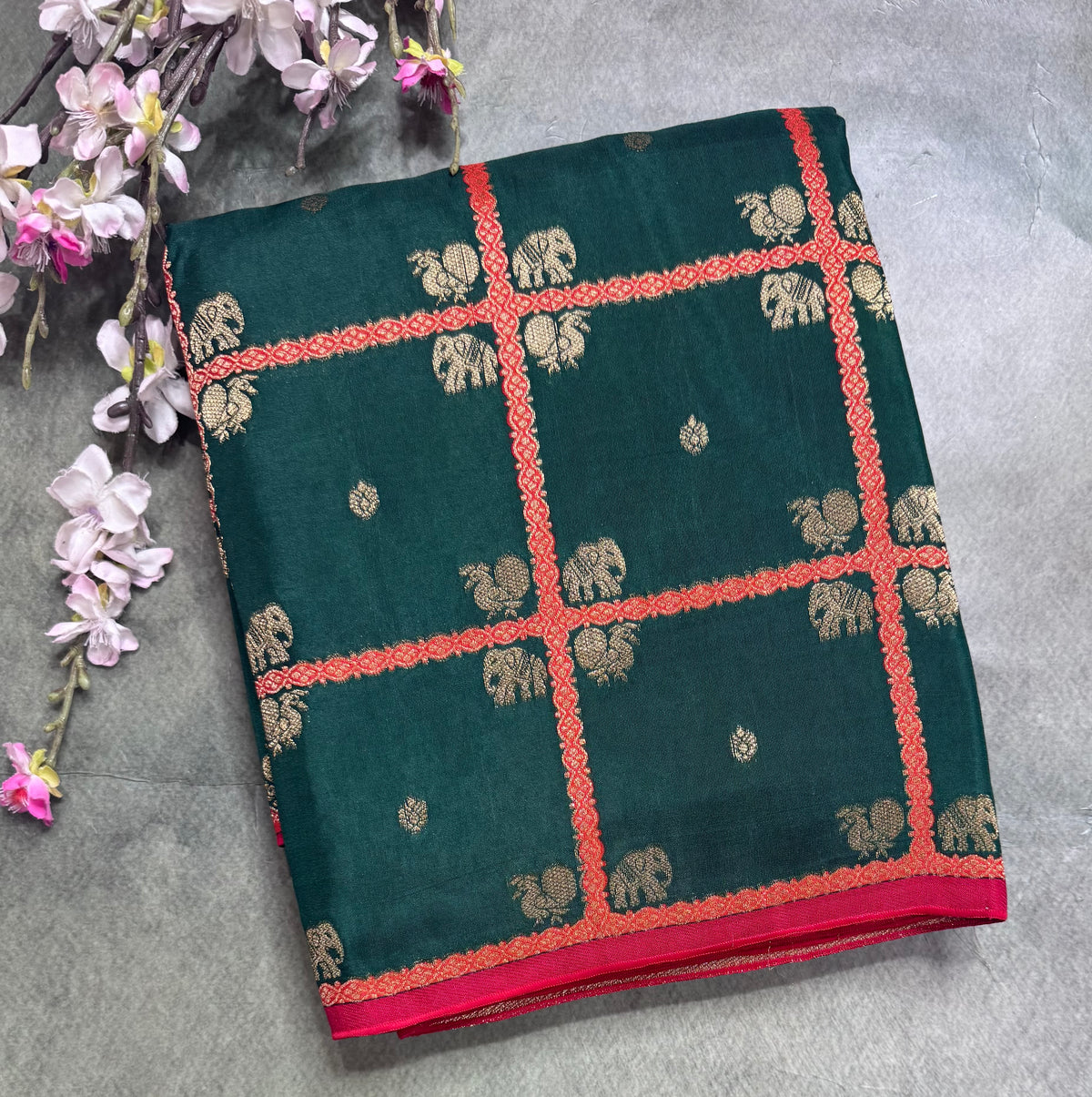 Bottle green big checks semi mysore crepe silk saree 111