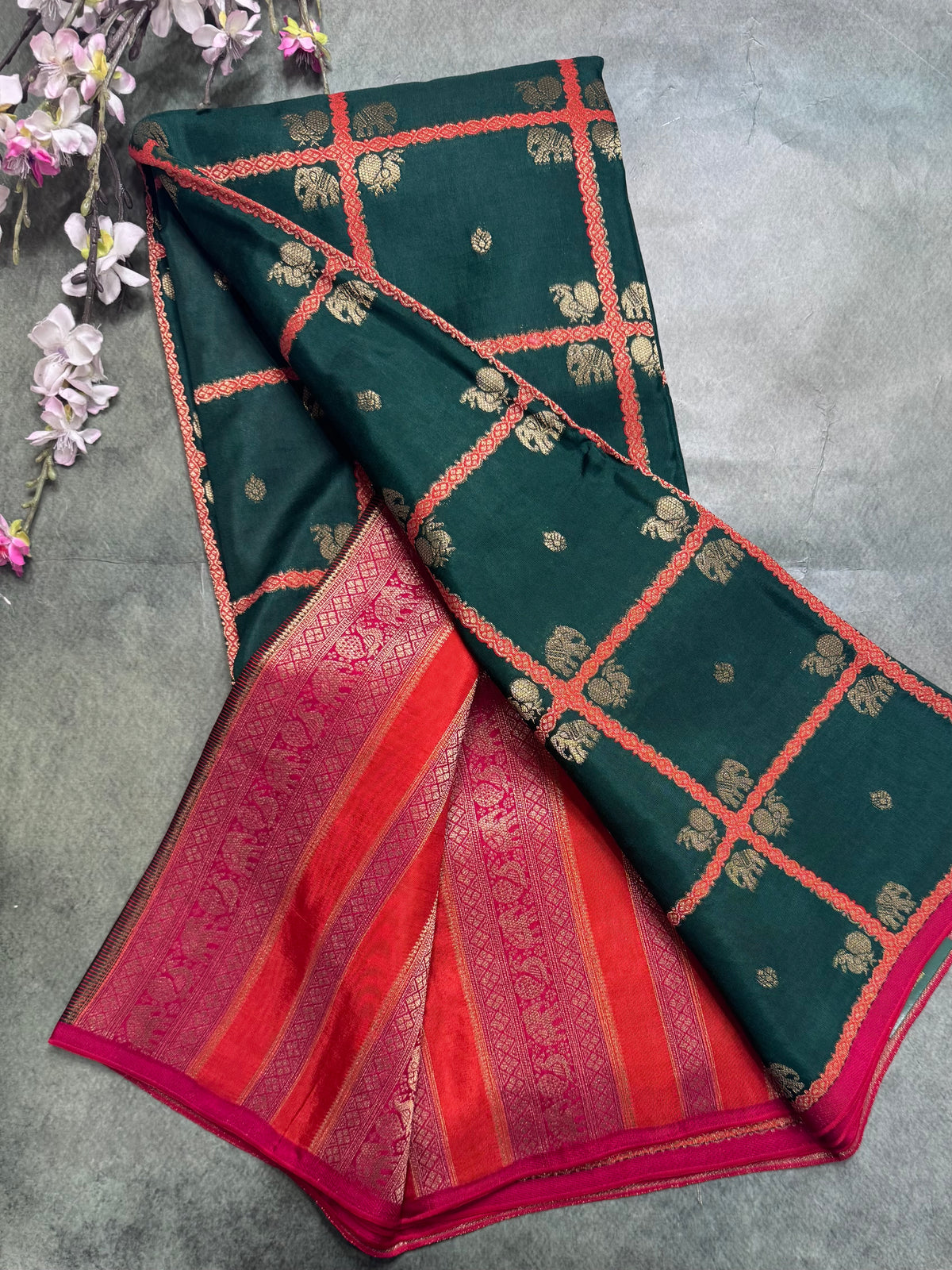 Bottle green big checks semi mysore crepe silk saree 111