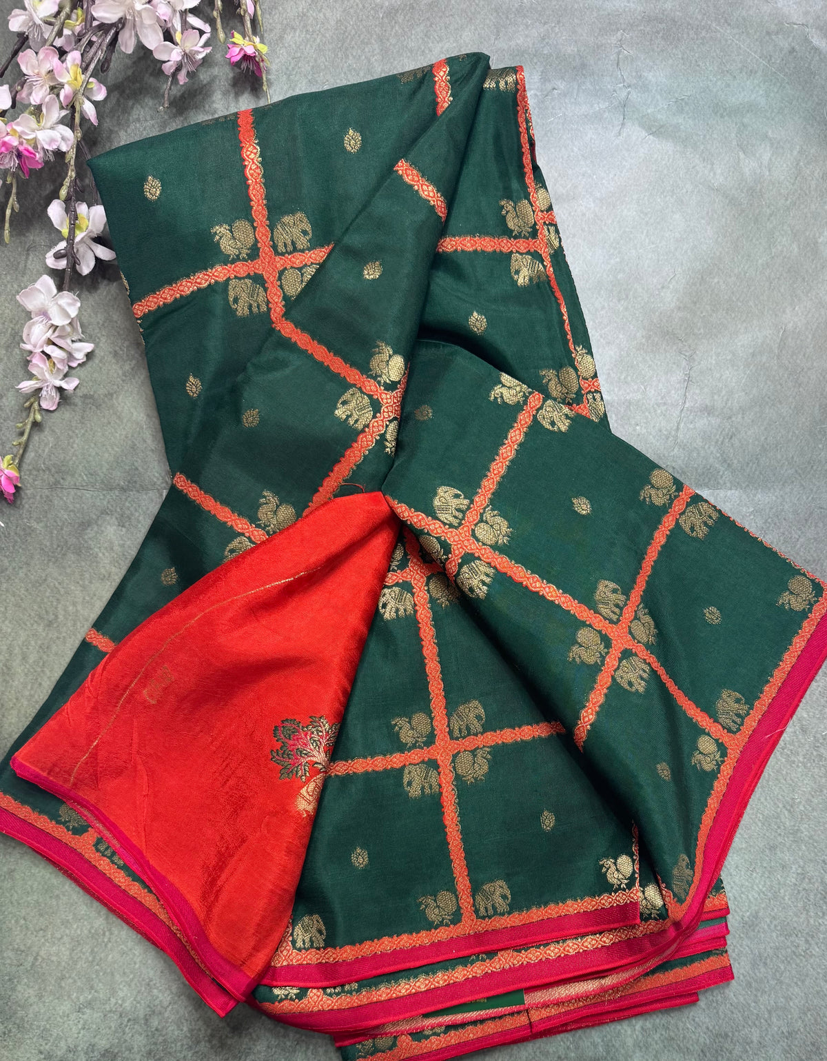 Bottle green big checks semi mysore crepe silk saree 111