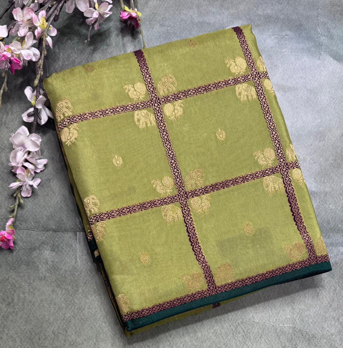 Pista green big checks semi mysore crepe silk saree 111
