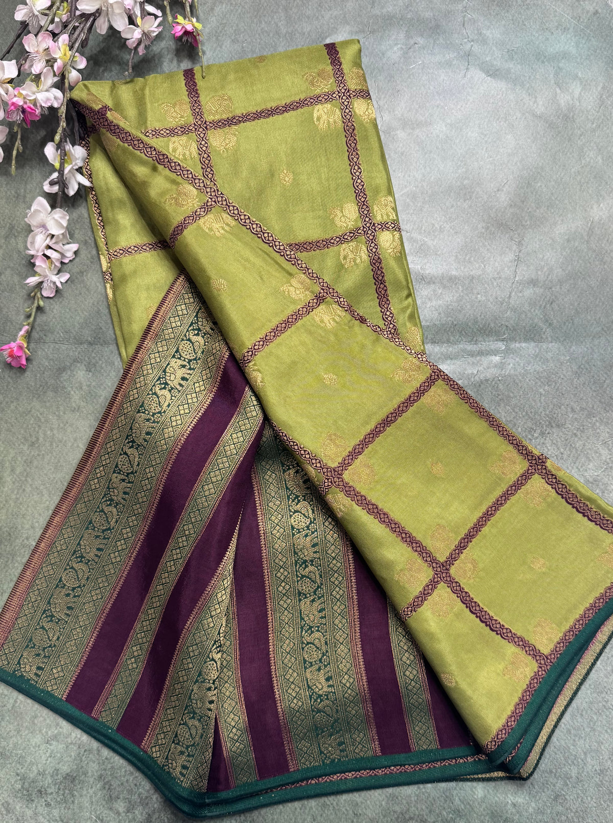 Pista green big checks semi mysore crepe silk saree 111