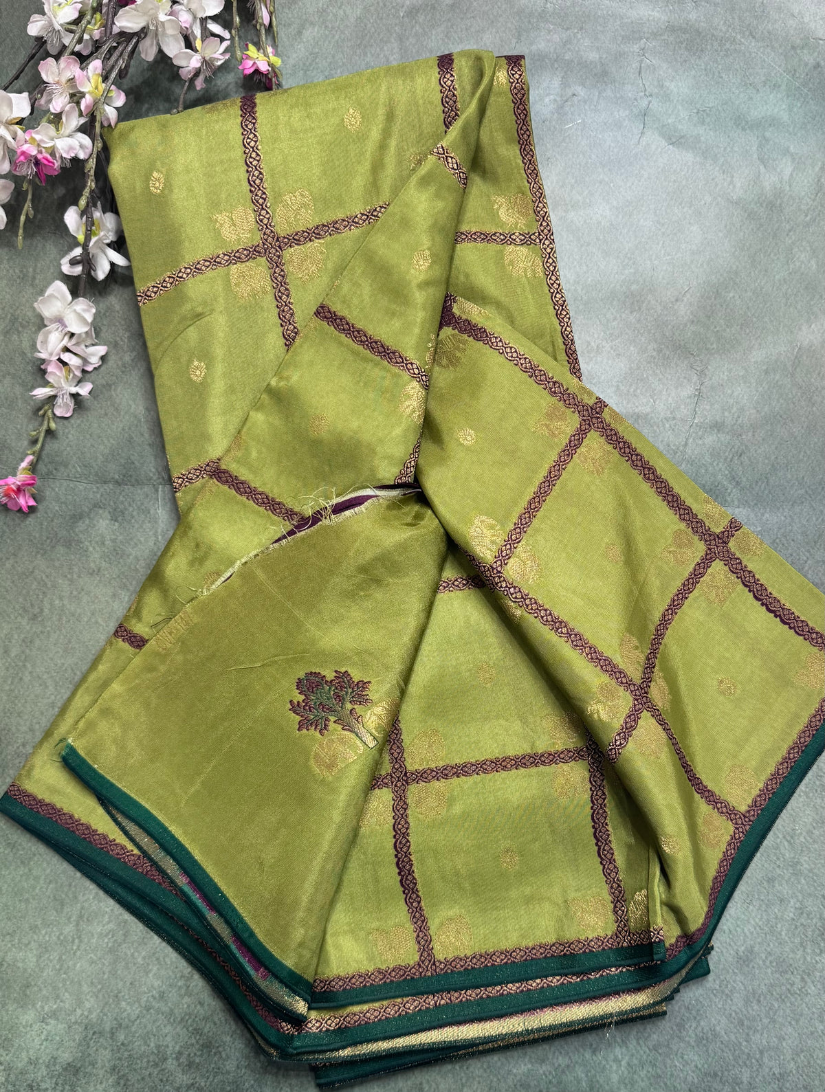 Pista green big checks semi mysore crepe silk saree 111