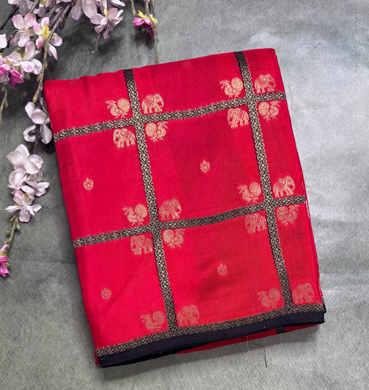 Red big checks semi mysore crepe silk saree 111
