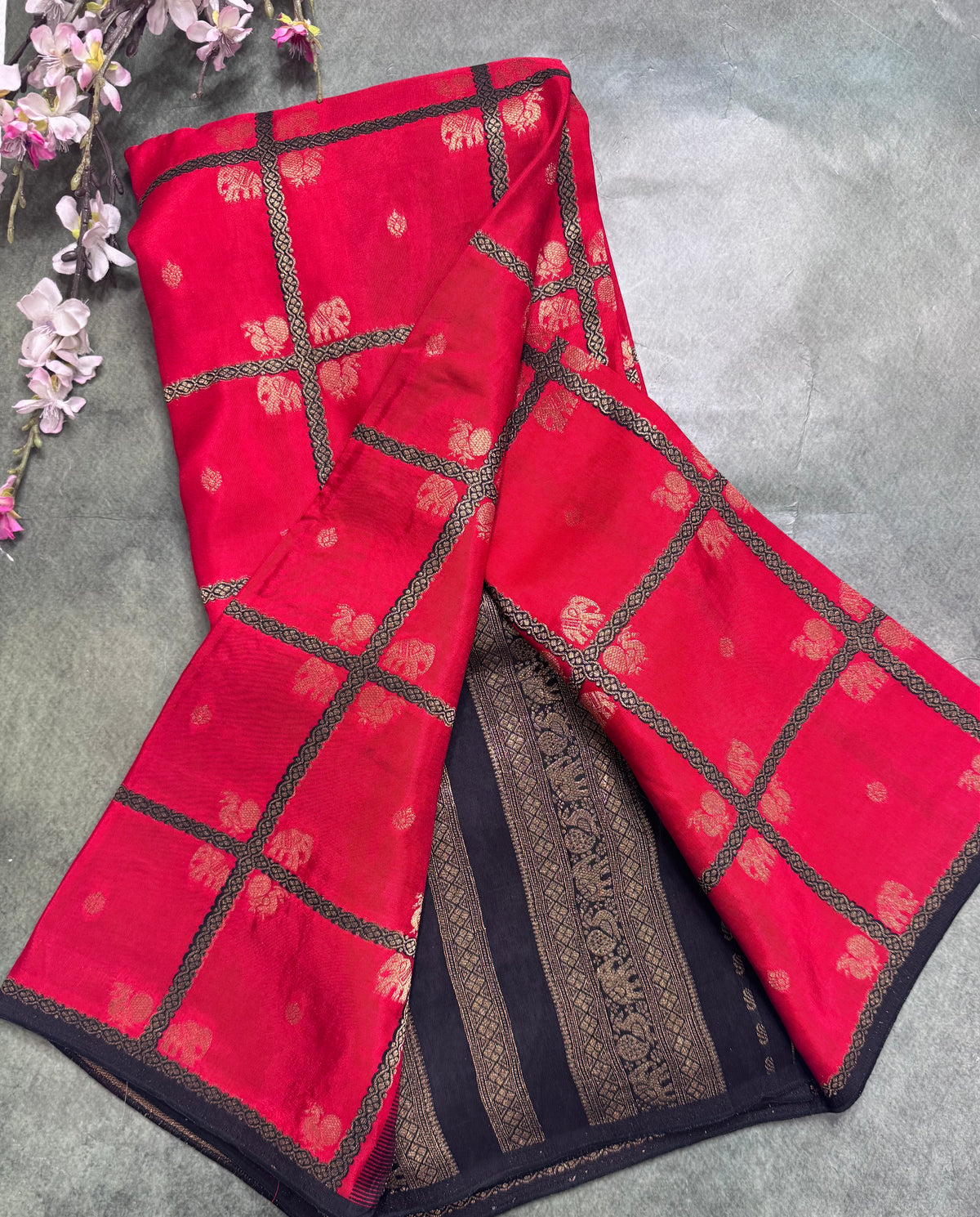 Red big checks semi mysore crepe silk saree 111