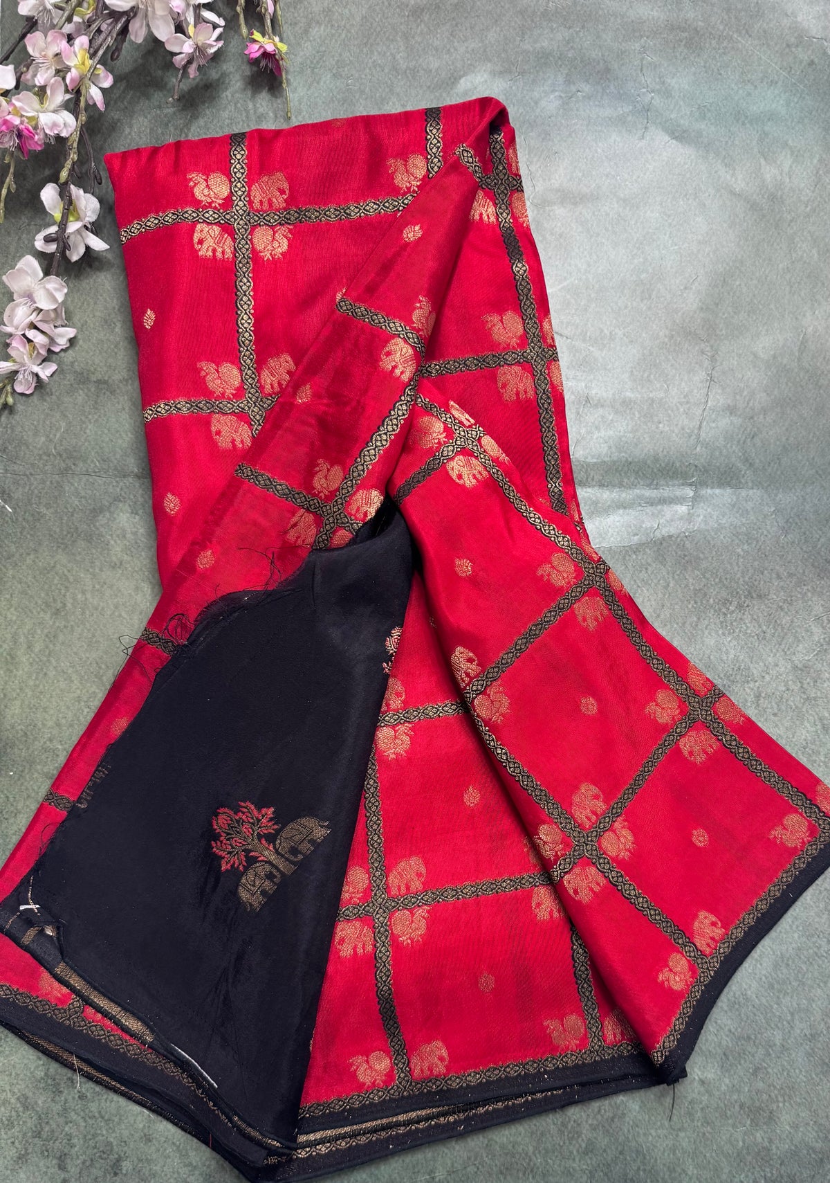 Red big checks semi mysore crepe silk saree 111