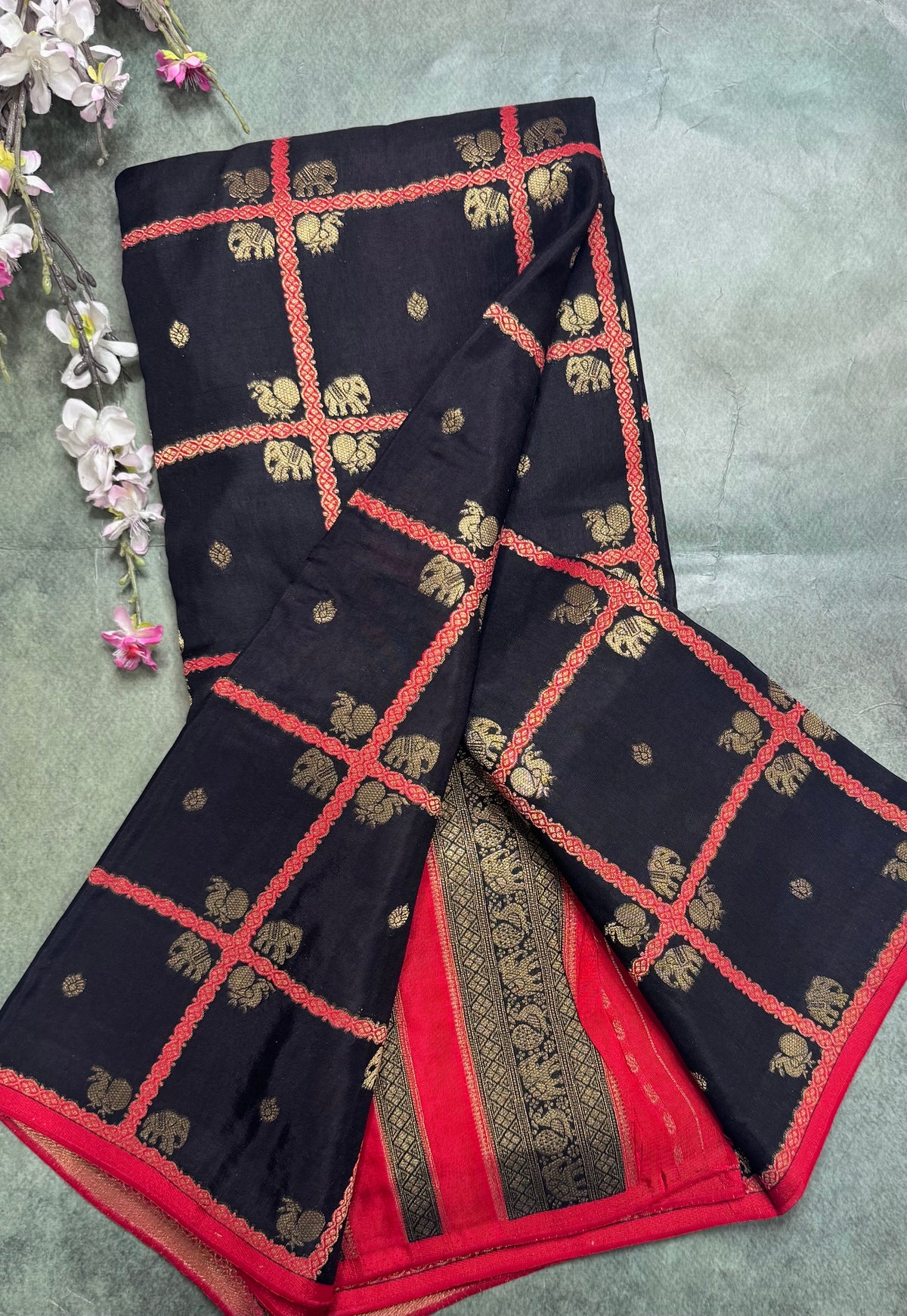 Black big checks semi mysore crepe silk saree 111