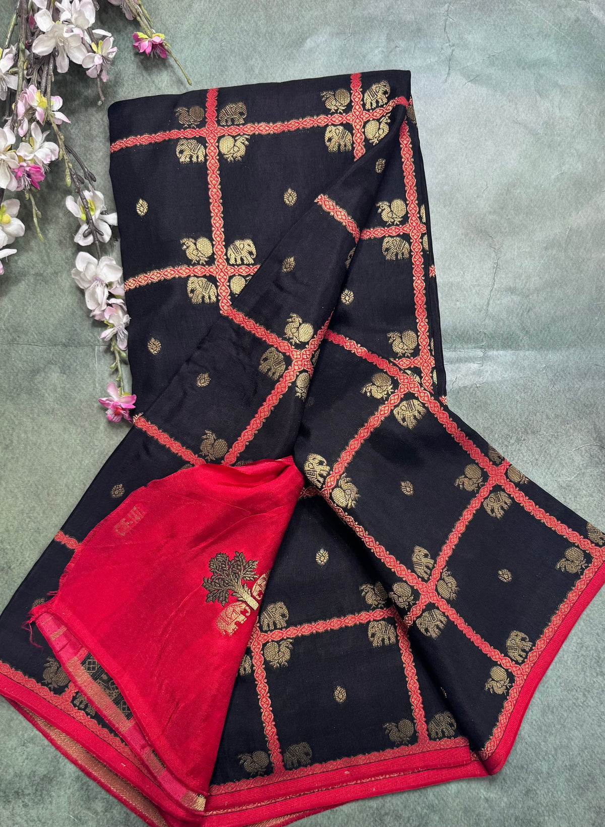 Black big checks semi mysore crepe silk saree 111