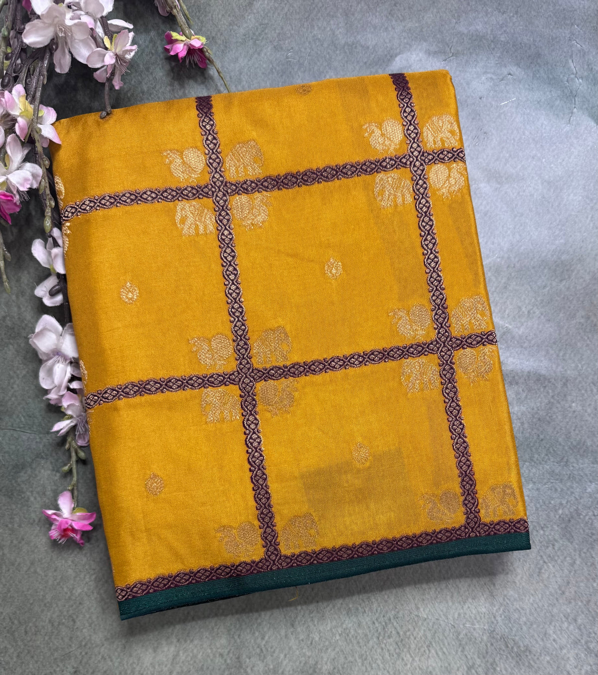 Mustard yellow big checks semi mysore crepe silk saree 111