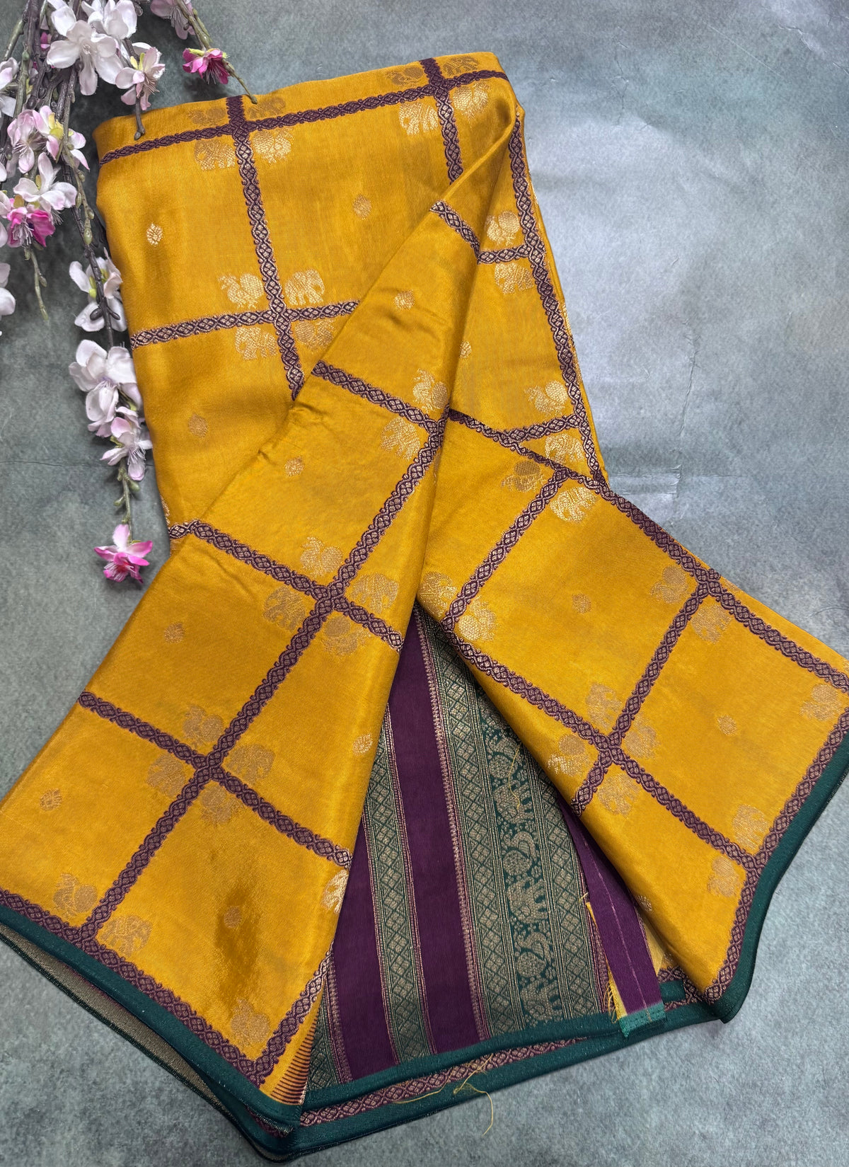 Mustard yellow big checks semi mysore crepe silk saree 111