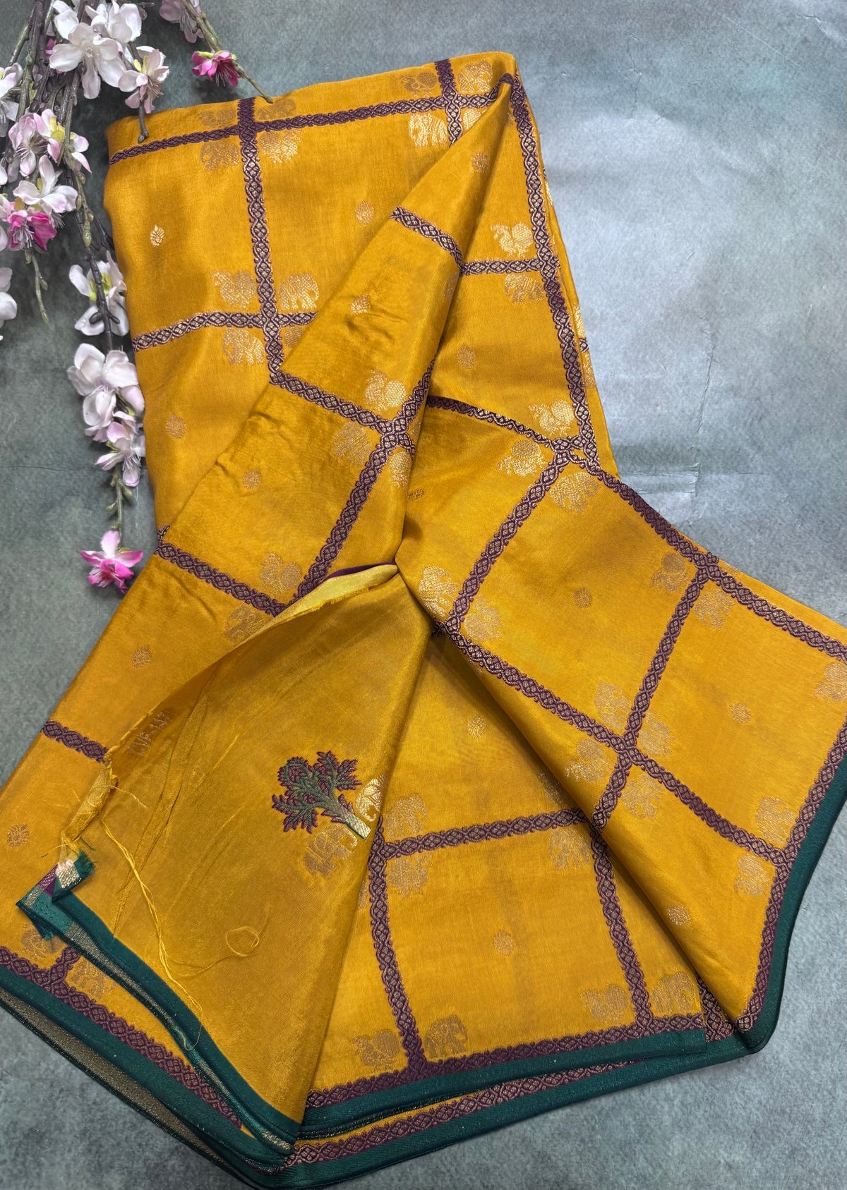 Mustard yellow big checks semi mysore crepe silk saree 111