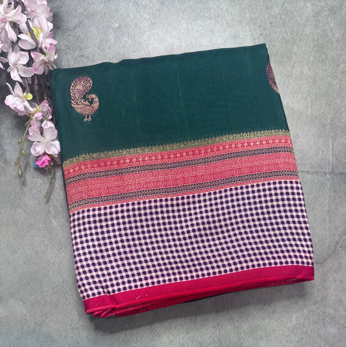 Bottle green checks border semi mysore crepe silk saree 111