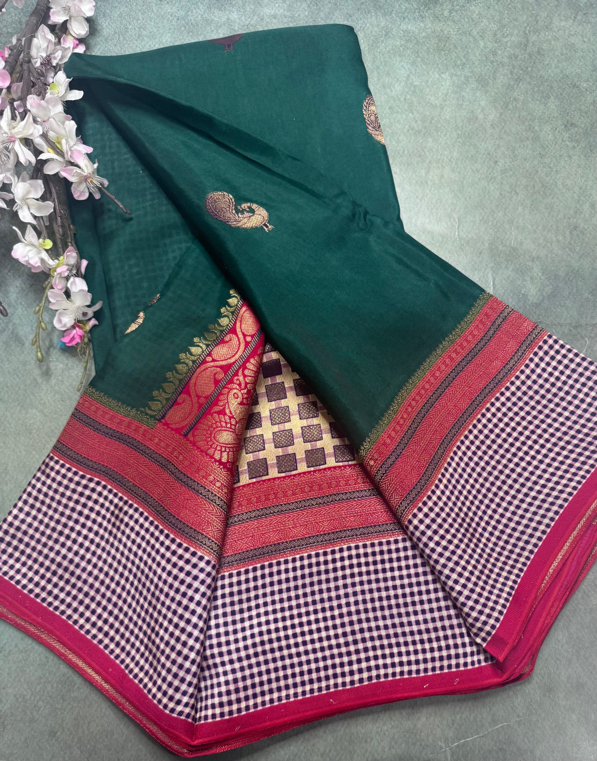 Bottle green checks border semi mysore crepe silk saree 111