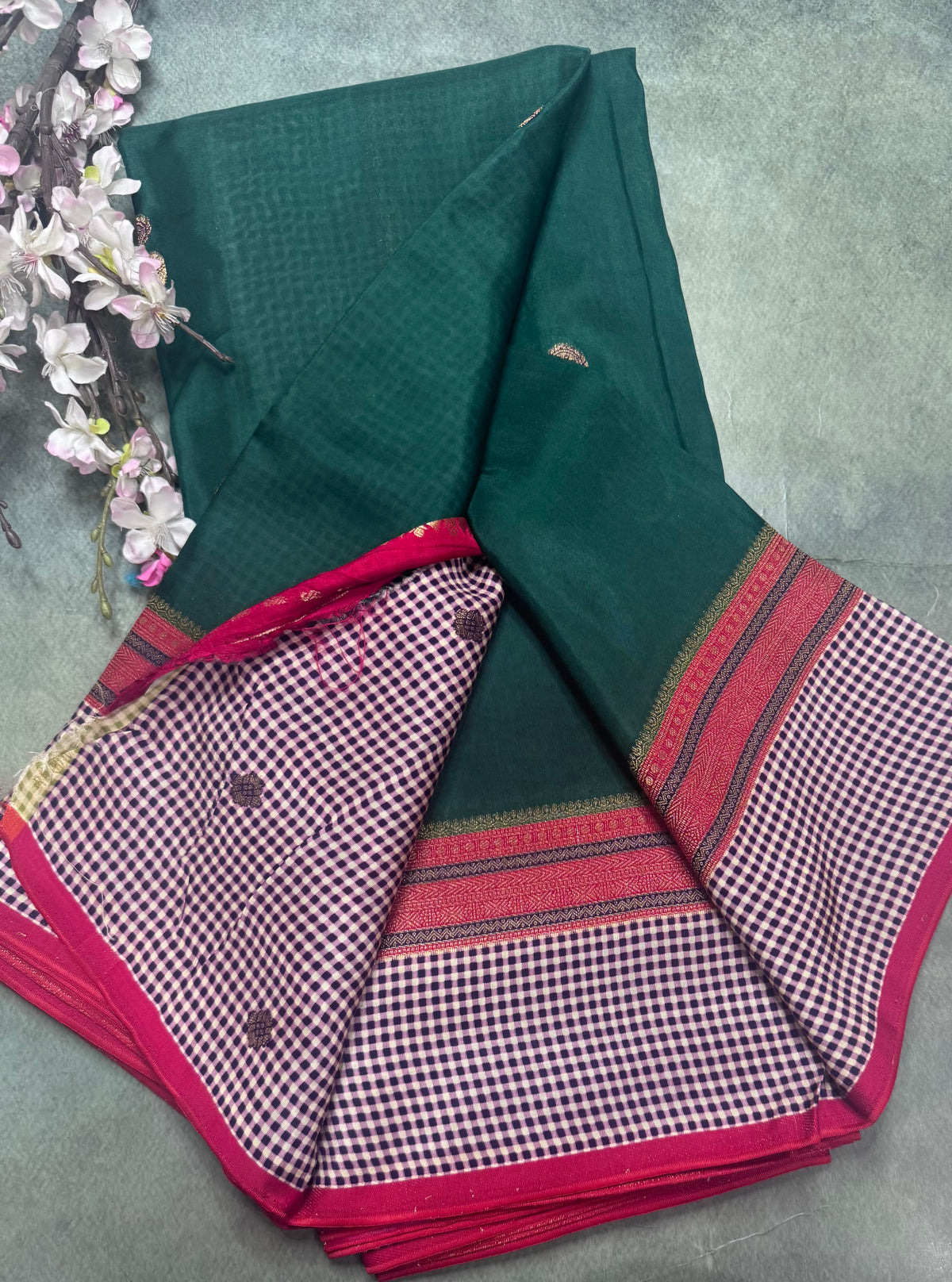 Bottle green checks border semi mysore crepe silk saree 111