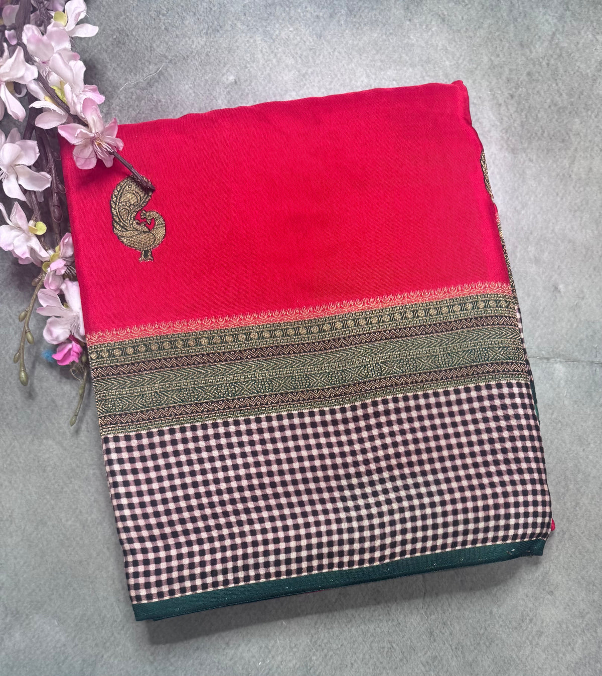 Red checks border semi mysore crepe silk saree 111
