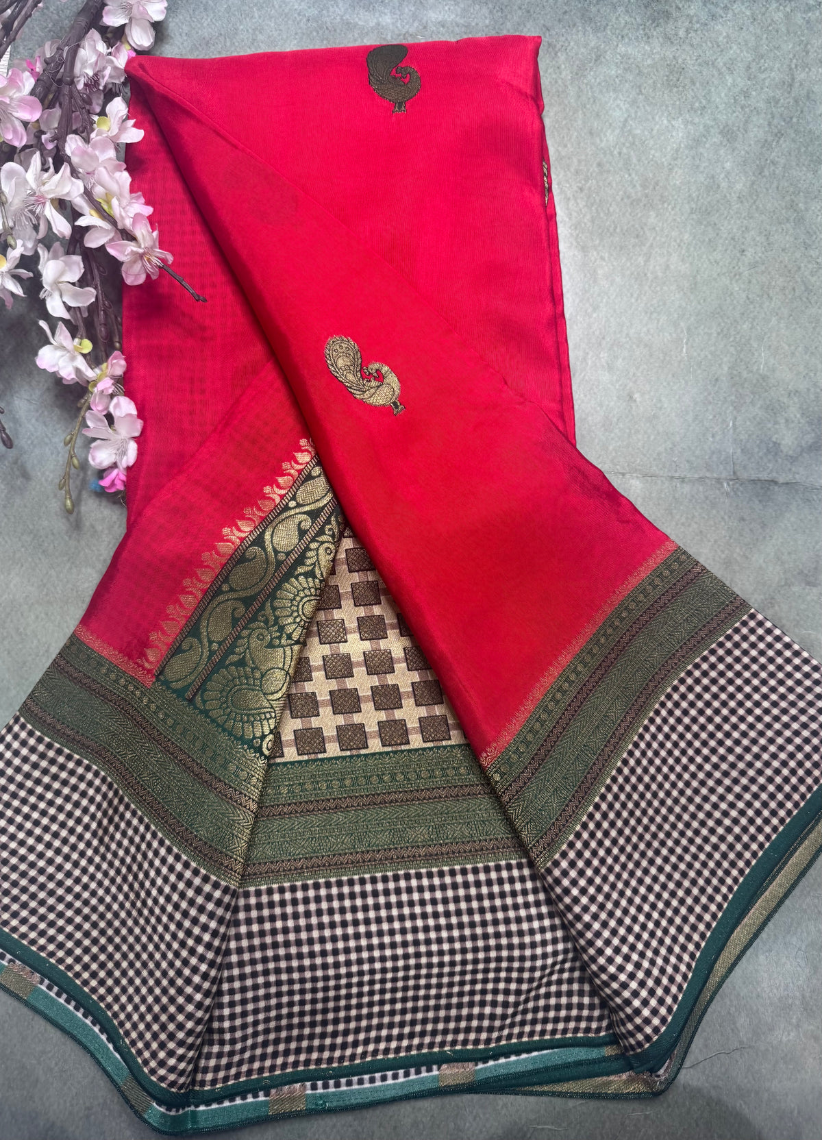 Red checks border semi mysore crepe silk saree 111