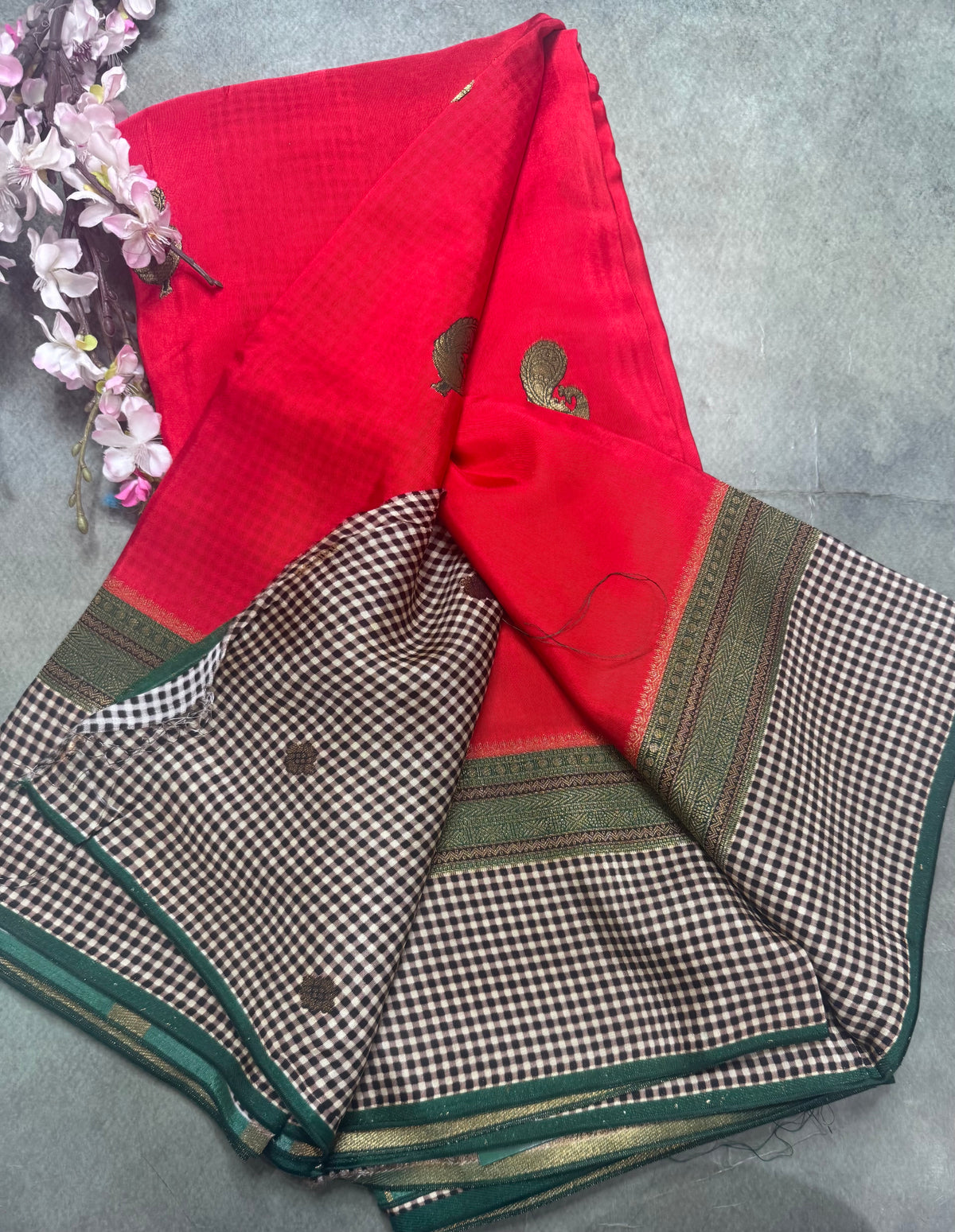Red checks border semi mysore crepe silk saree 111