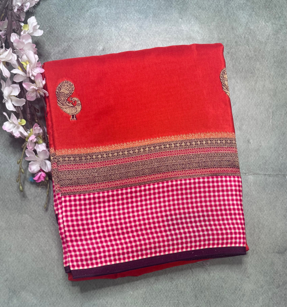 Orange checks border semi mysore crepe silk saree 111