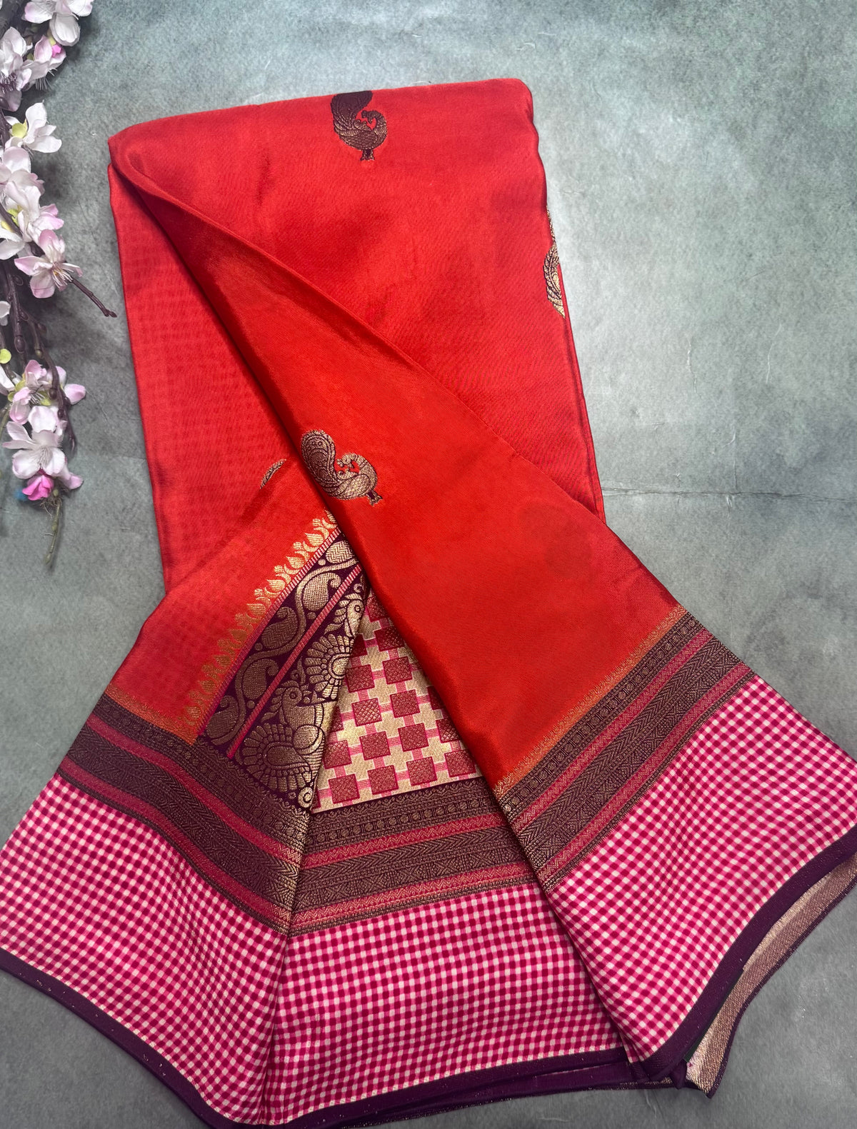 Orange checks border semi mysore crepe silk saree 111