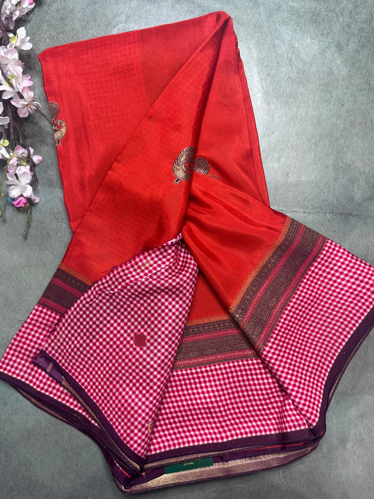 Orange checks border semi mysore crepe silk saree 111