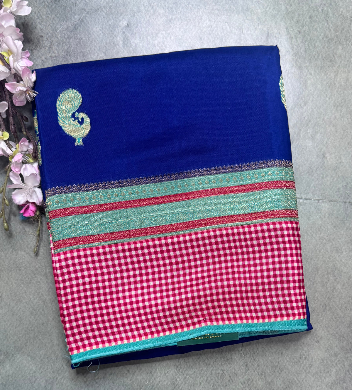 Blue checks border semi mysore crepe silk saree 111