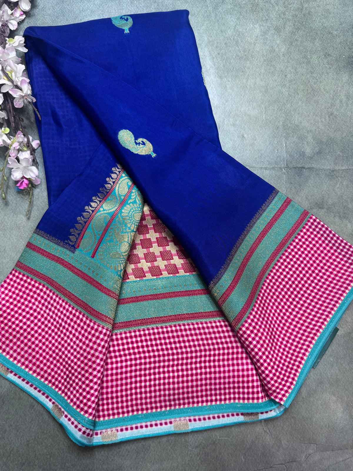 Blue checks border semi mysore crepe silk saree 111