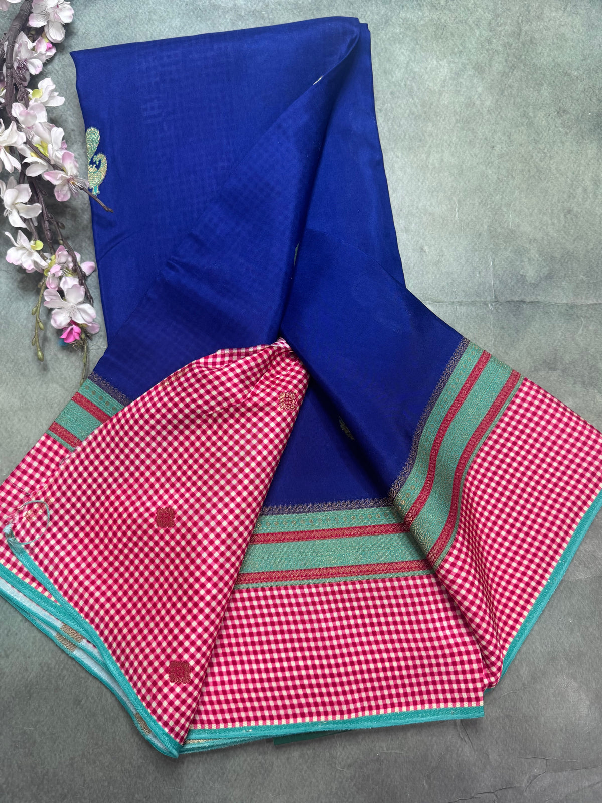 Blue checks border semi mysore crepe silk saree 111