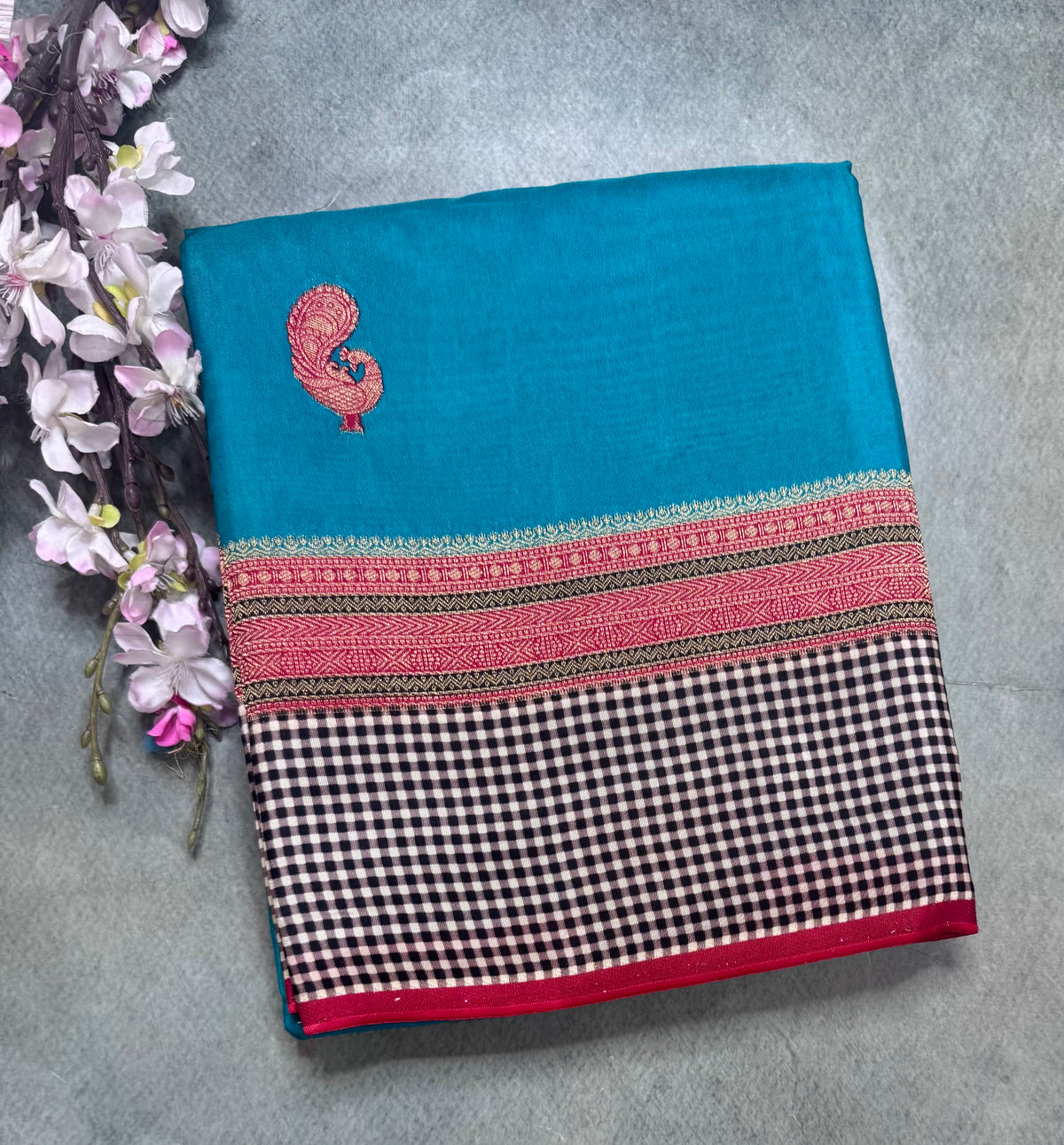 Rama green checks border semi mysore crepe silk saree 111