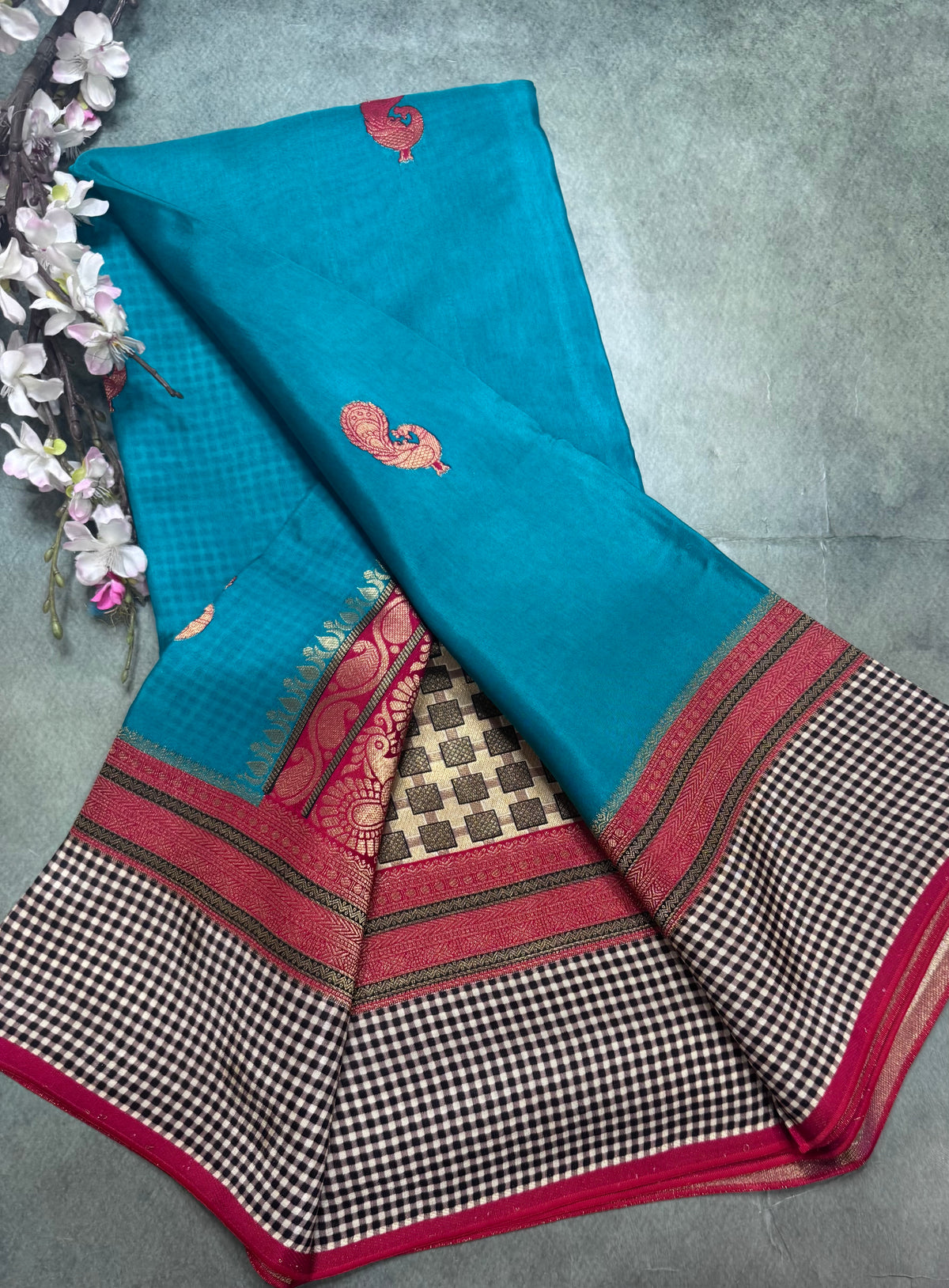 Rama green checks border semi mysore crepe silk saree 111