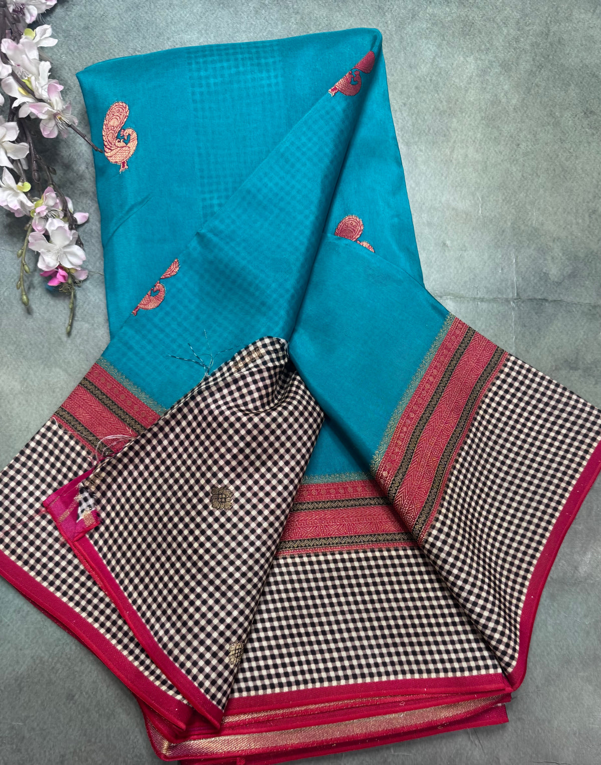Rama green checks border semi mysore crepe silk saree 111