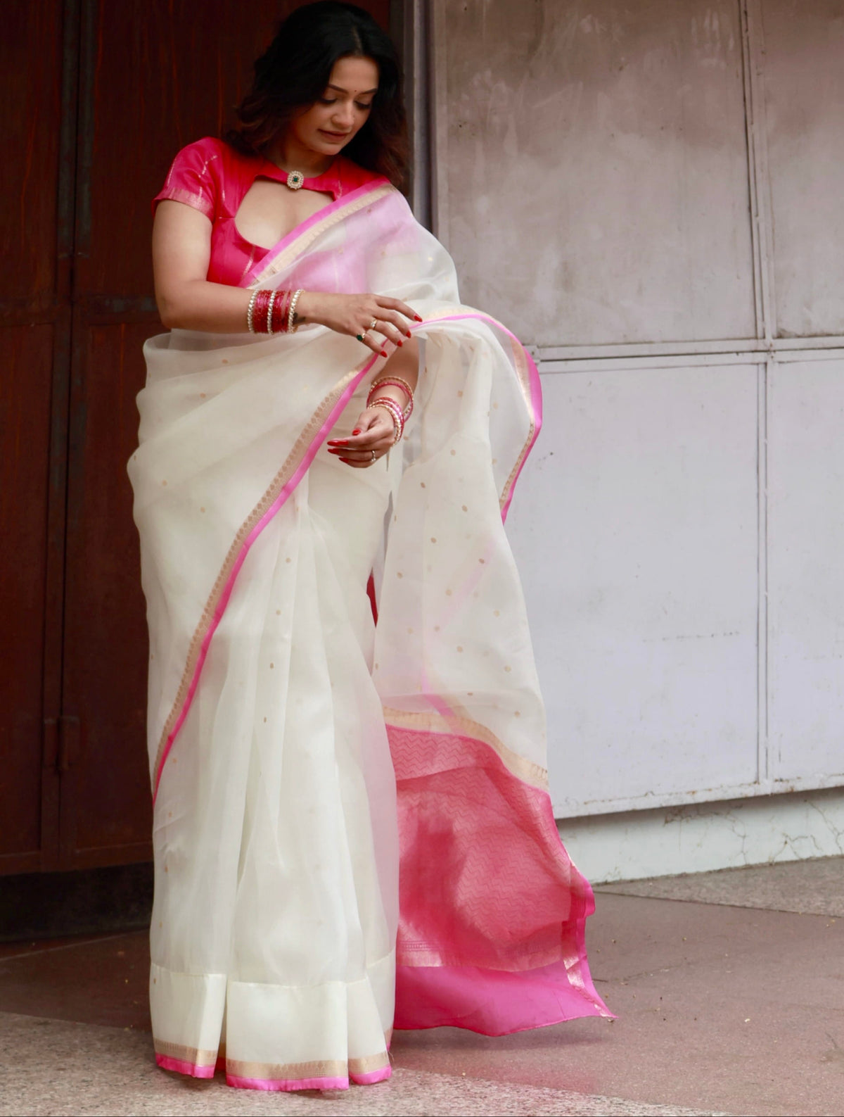 White Pure Kora Organza Silk Saree 105 (Trisha Gaur)