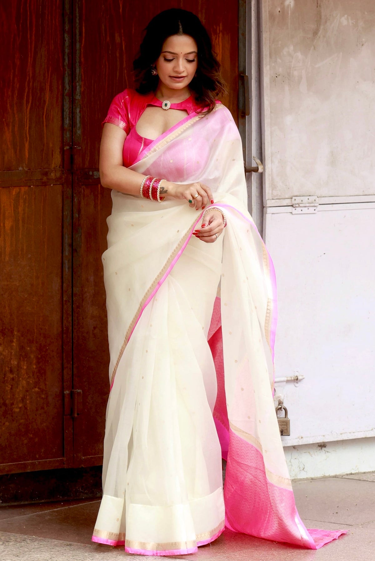 White Pure Kora Organza Silk Saree 105 (Trisha Gaur)