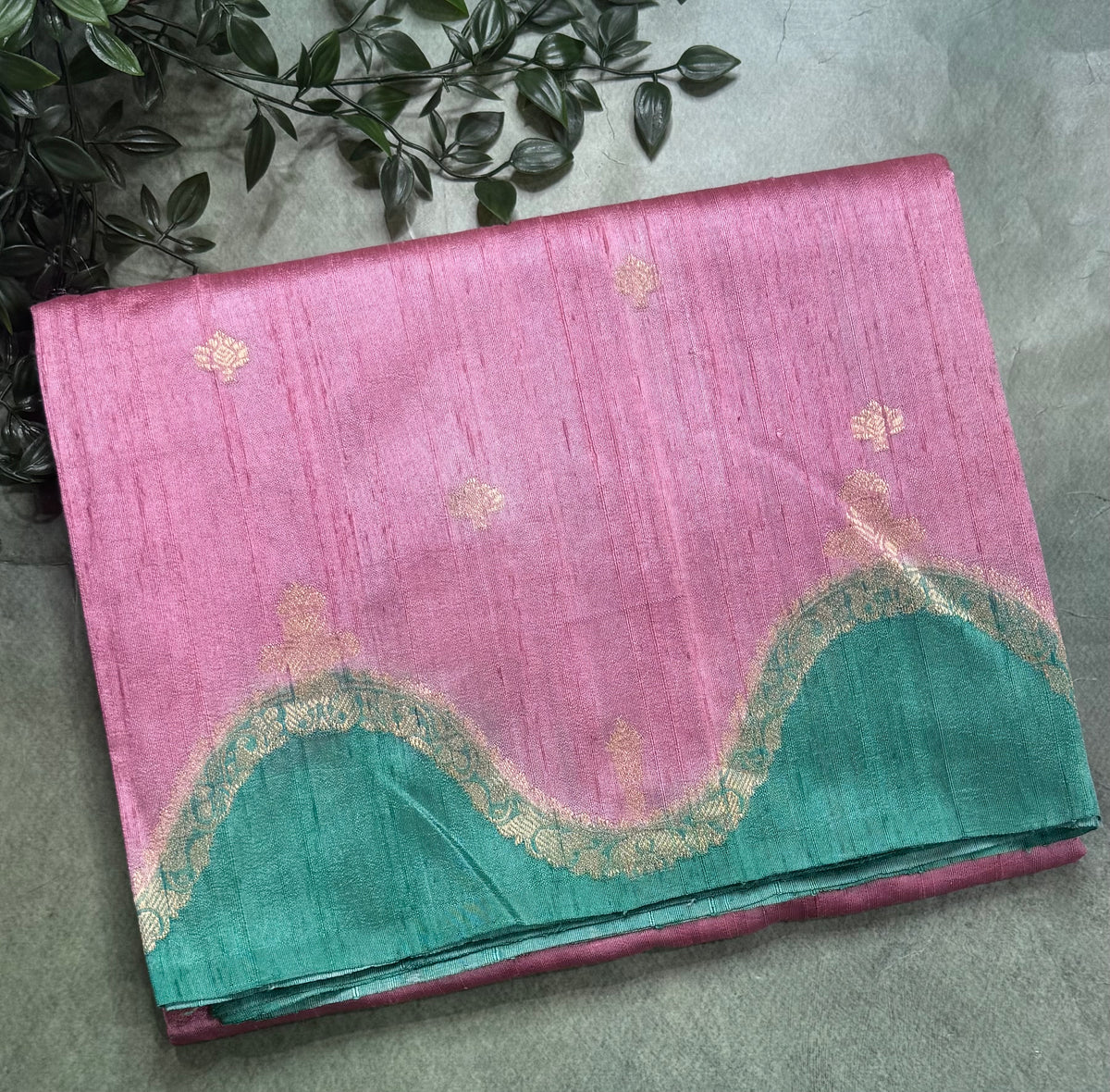 Pastel pink n sea green scallop border pure tussar silk saree 111