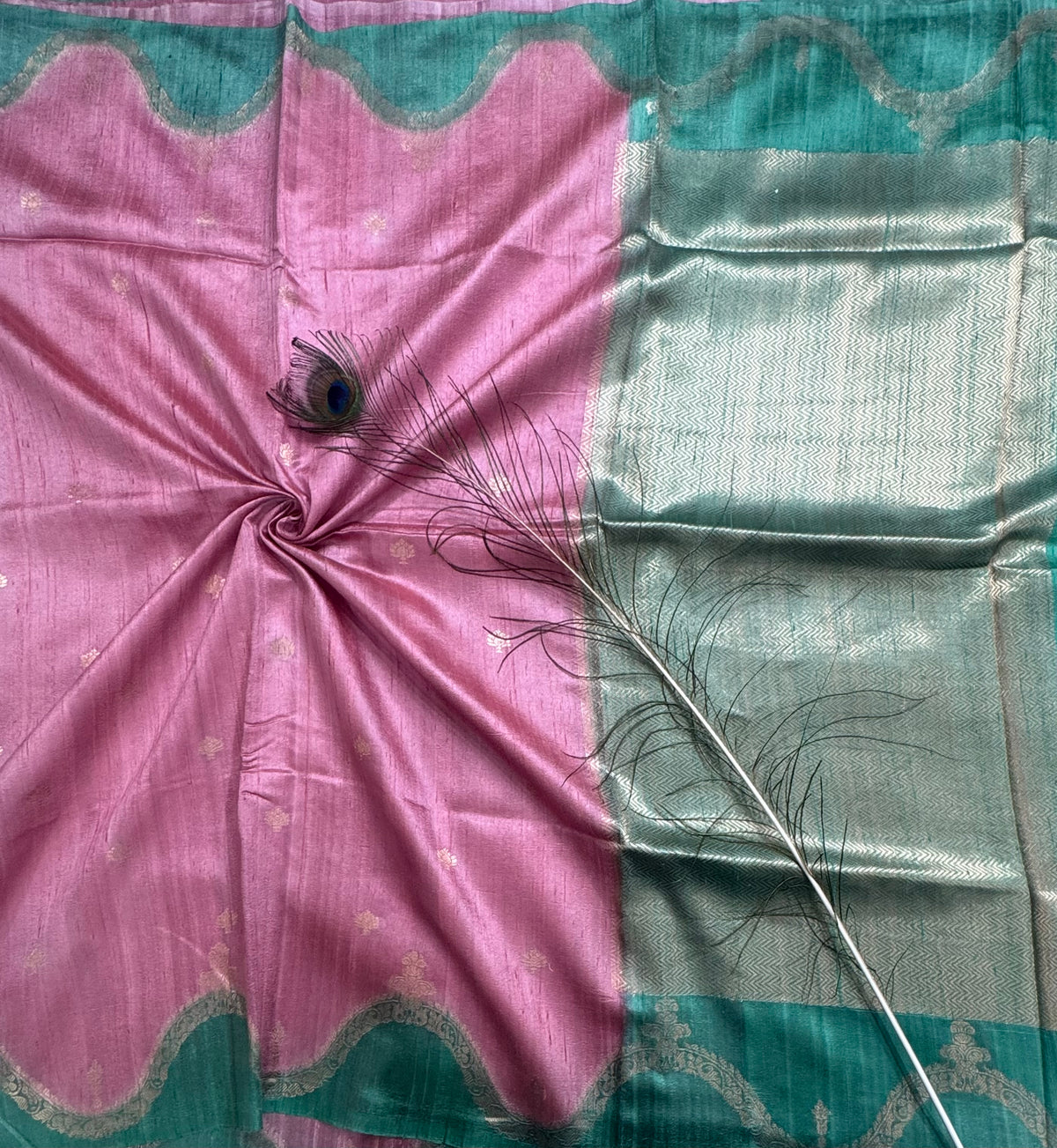 Pastel pink n sea green scallop border pure tussar silk saree 111