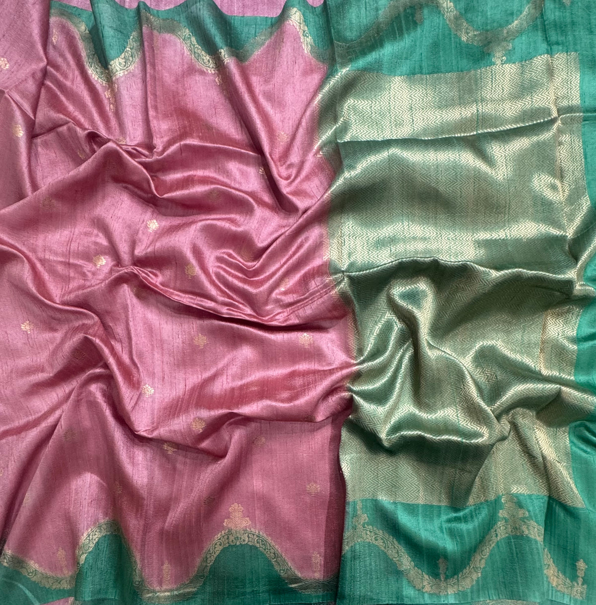 Pastel pink n sea green scallop border pure tussar silk saree 111