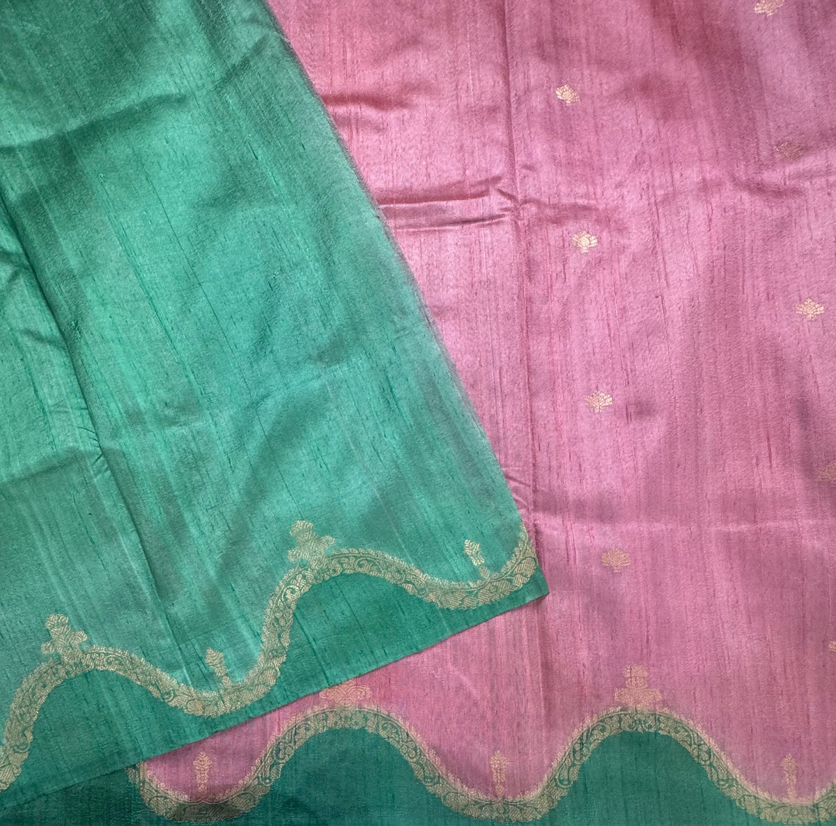 Pastel pink n sea green scallop border pure tussar silk saree 111