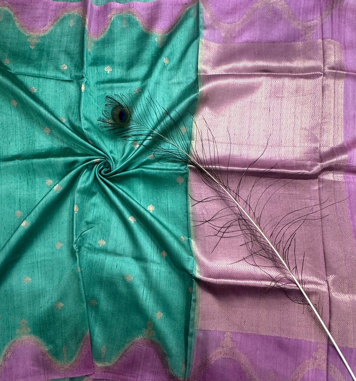 Sea green n pastel pink scallop border pure tussar silk saree 111