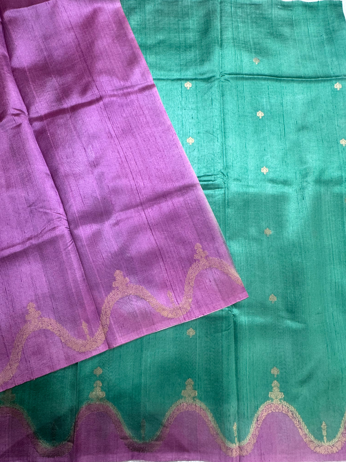 Sea green n pastel pink scallop border pure tussar silk saree 111