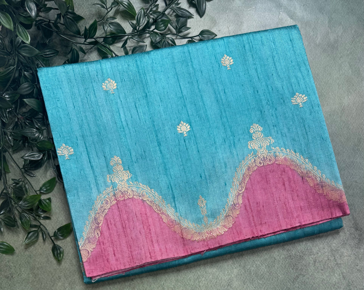 Sea blue n pastel pink scallop border pure tussar silk saree 111