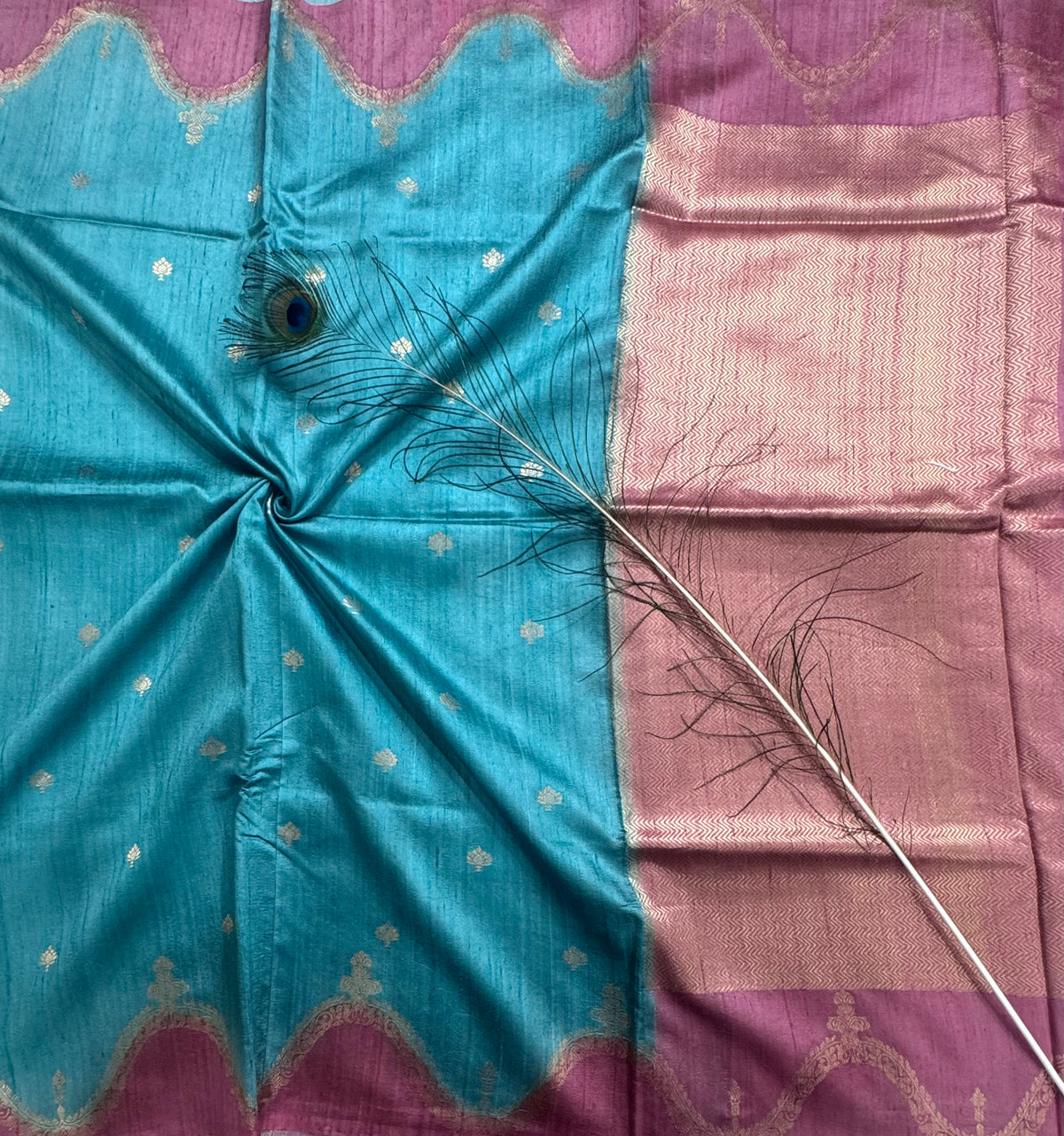 Sea blue n pastel pink scallop border pure tussar silk saree 111