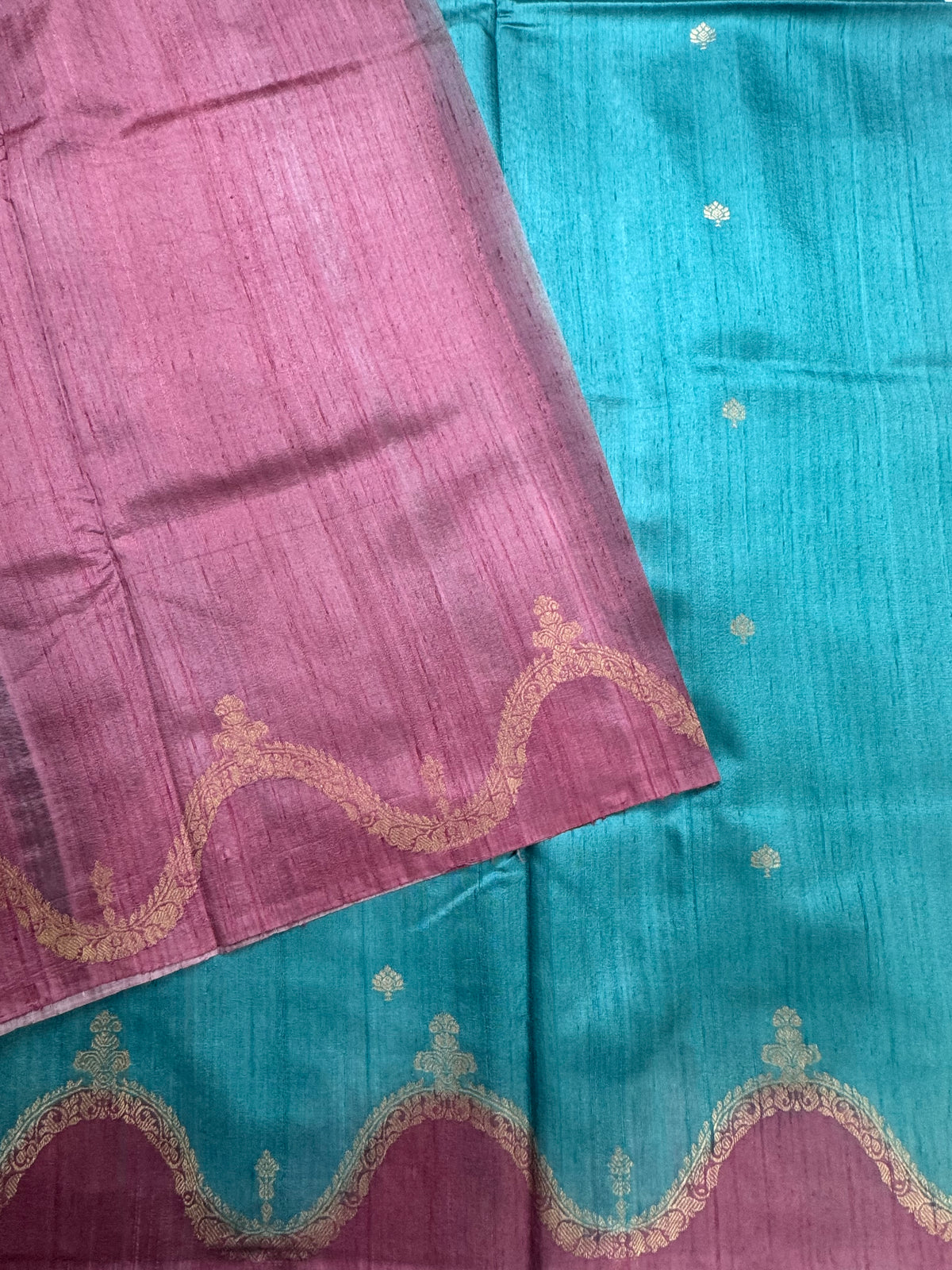 Sea blue n pastel pink scallop border pure tussar silk saree 111