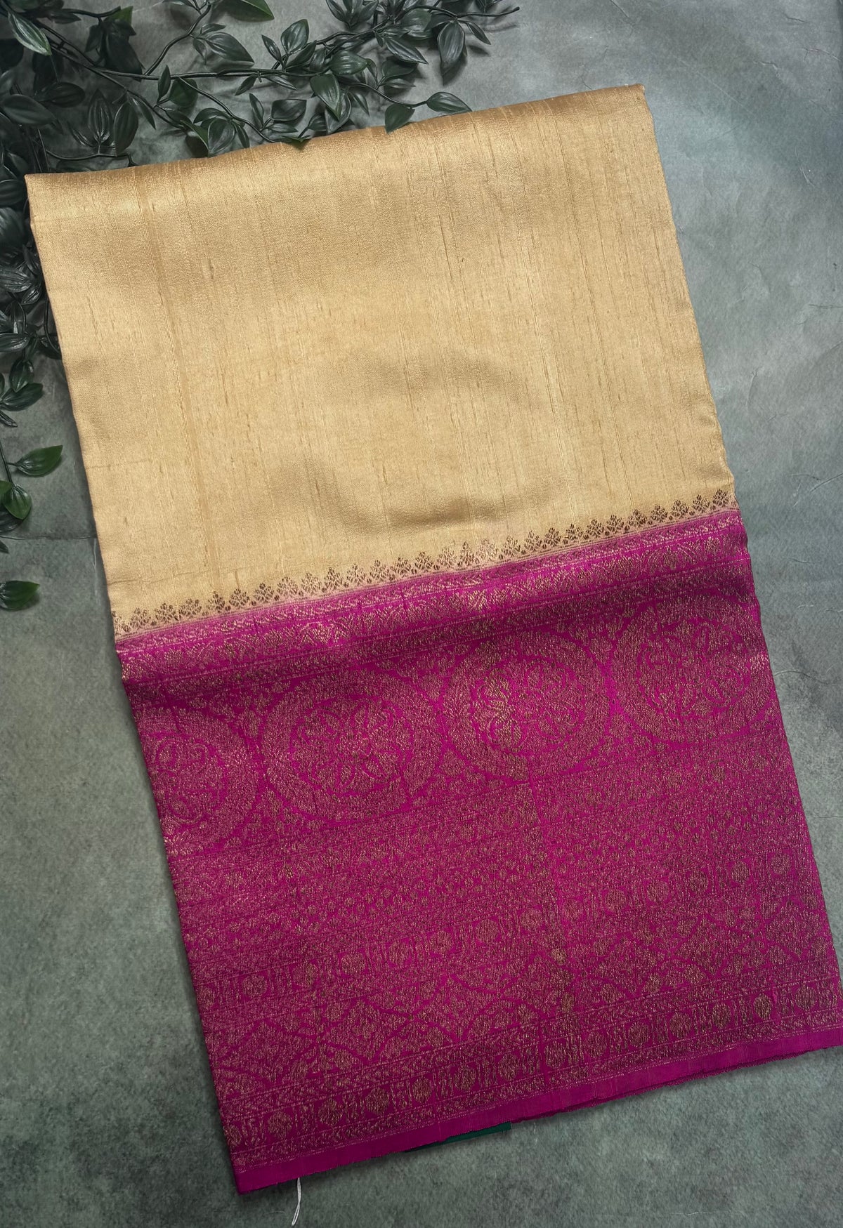 Golden cream long border pure raw silk saree 111