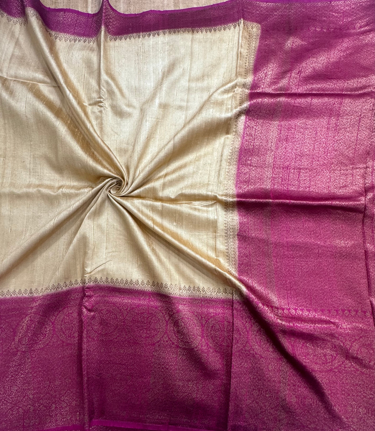 Golden cream long border pure raw silk saree 111
