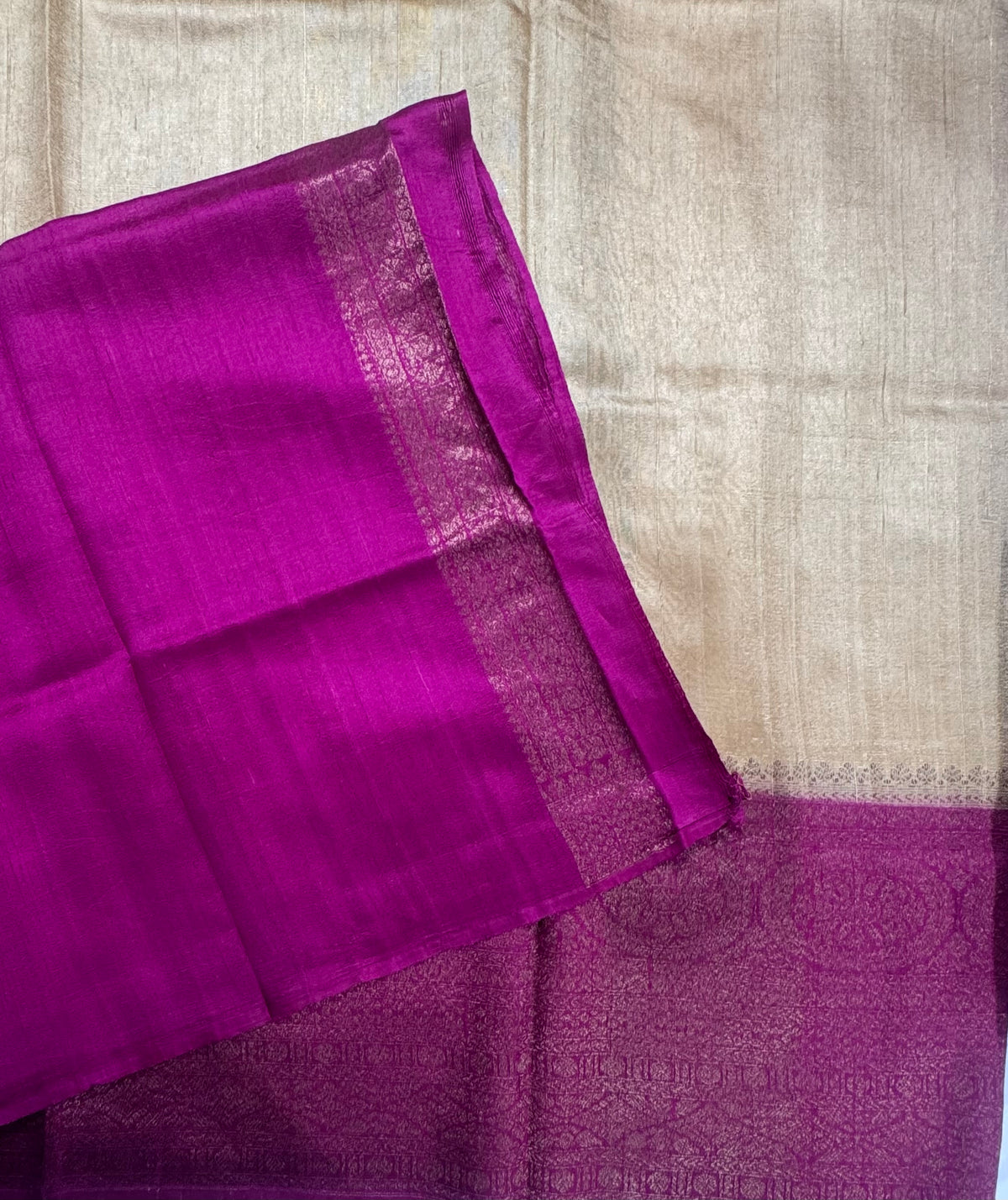 Golden cream long border pure raw silk saree 111