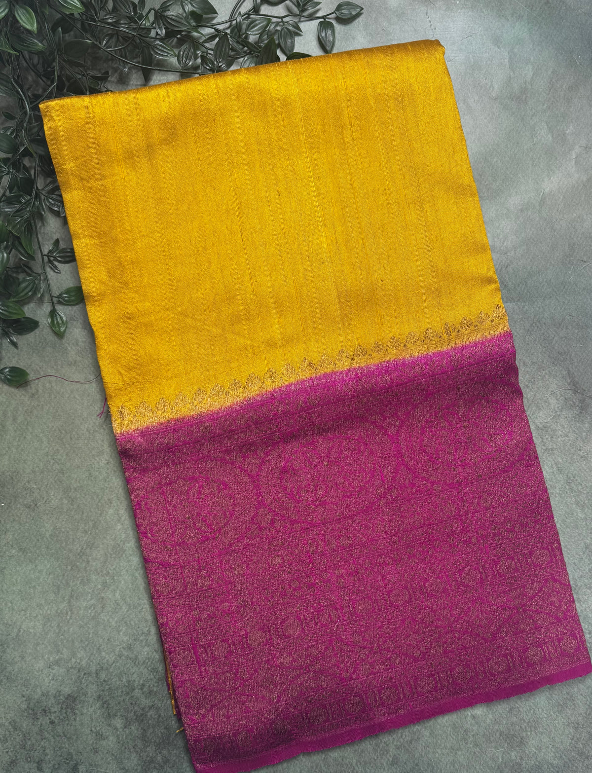 Bright yellow  long border pure raw silk saree 111