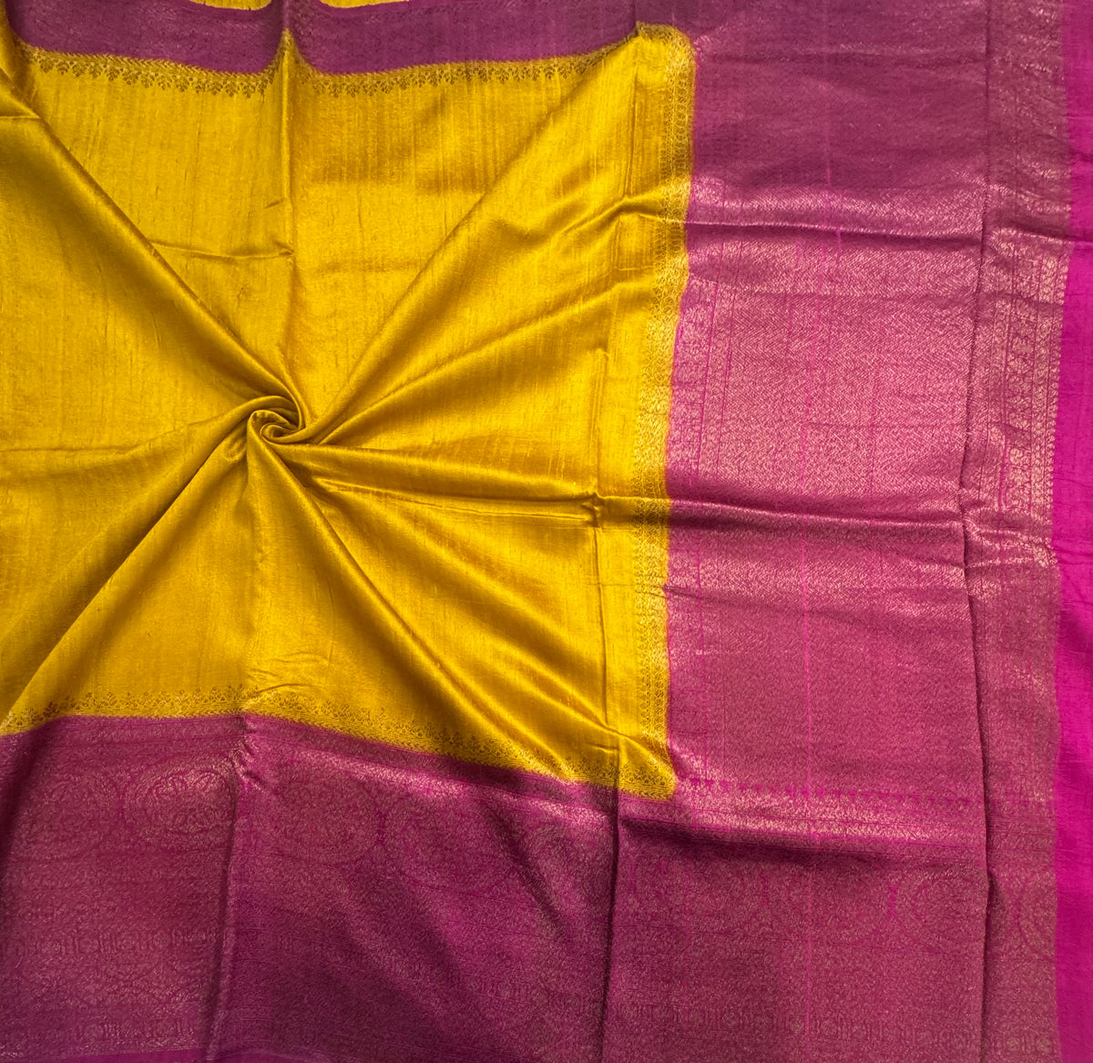 Bright yellow  long border pure raw silk saree 111