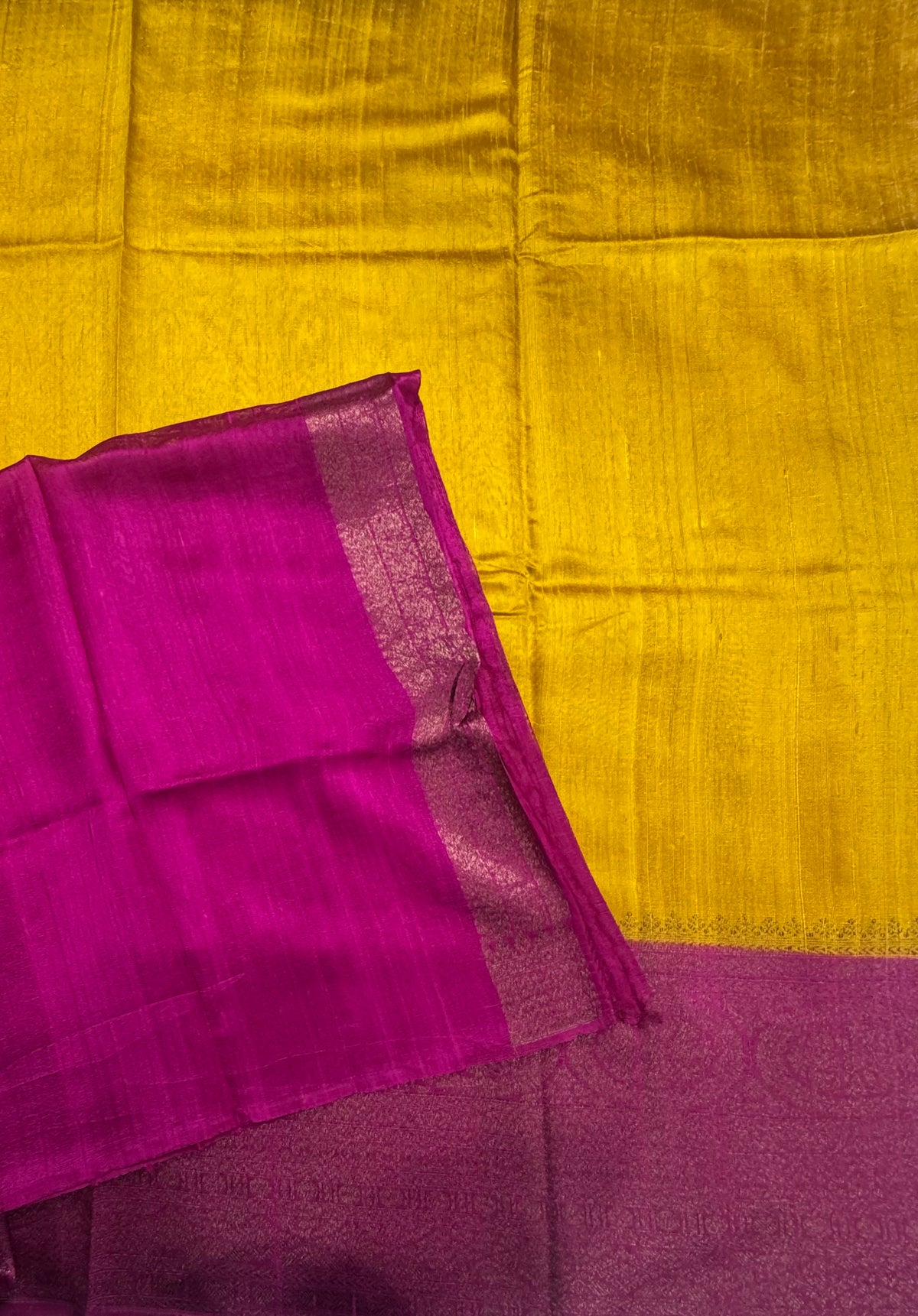 Bright yellow  long border pure raw silk saree 111